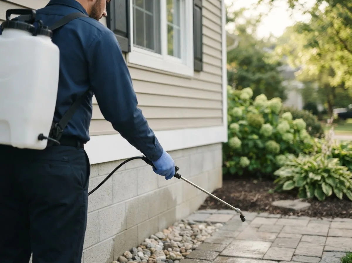 Pest control technician inspecting a home in Kimmell, IN